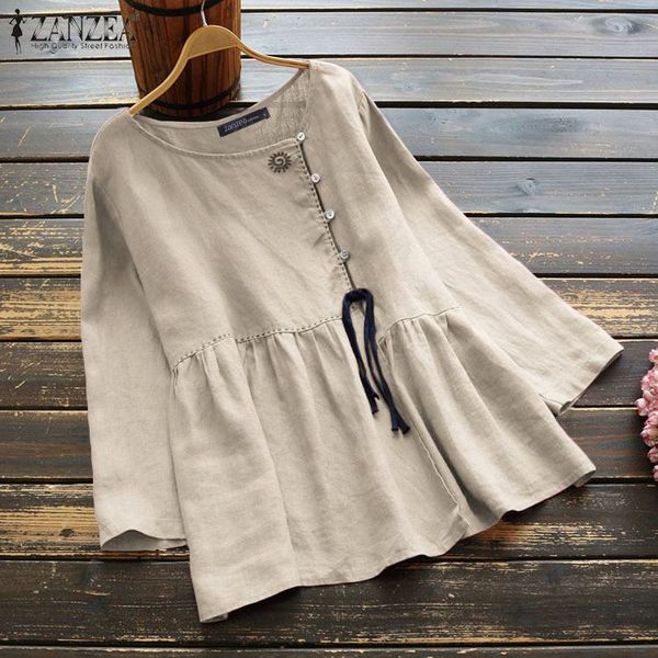 

kaftan linen shirts women's spring blouse zanzea 2020 casual high waist blusas female button embroidered oversized tunic, White