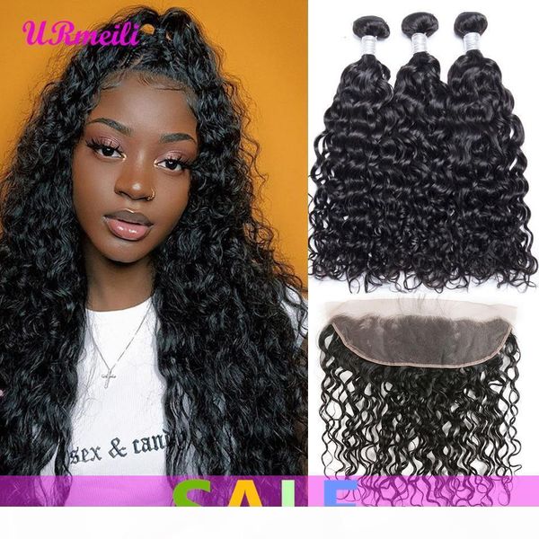 

brazilian water wave 3 4 bundles with frontal 100% remy human hair brazilian virgin hair 13*4 part ear to ear lace frontal, Black;brown