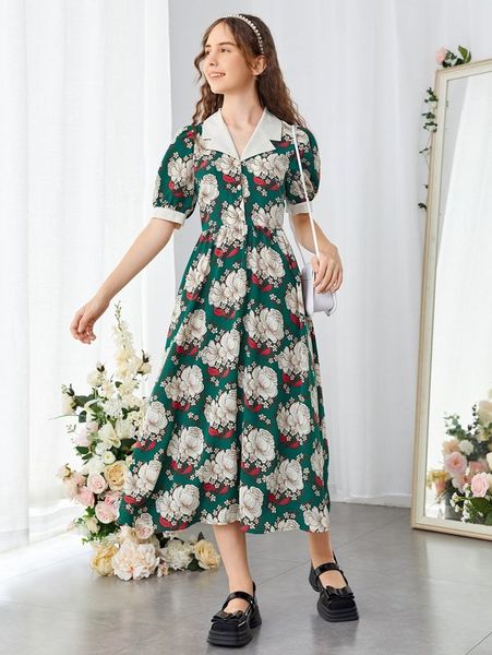 

teen girls floral print lapel collar puff sleeve dress she, Red;yellow