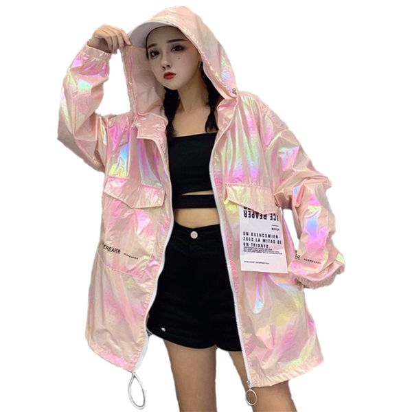 

autumn hooded bomber jacket women loose silver summer thin jacket women fluorescence hip hop coat plus size long sleeve coat 201014, Black;brown