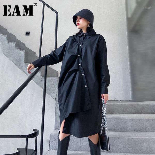 

eam] women black asymmetrical pleated big size shirt dress new lapel long sleeve loose fit fashion spring autumn 2020 1n8021, Black;gray