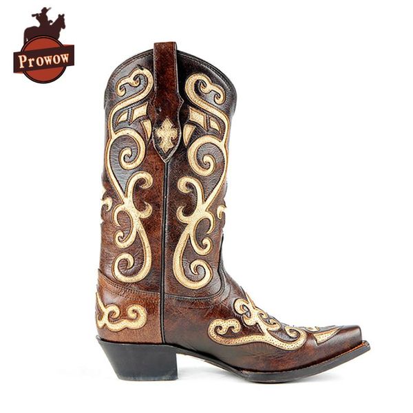 

prowow women western cowboy boots genuine leather handmade patchwork totem high heels pointed toe corral mid-calf ladies boots, Black
