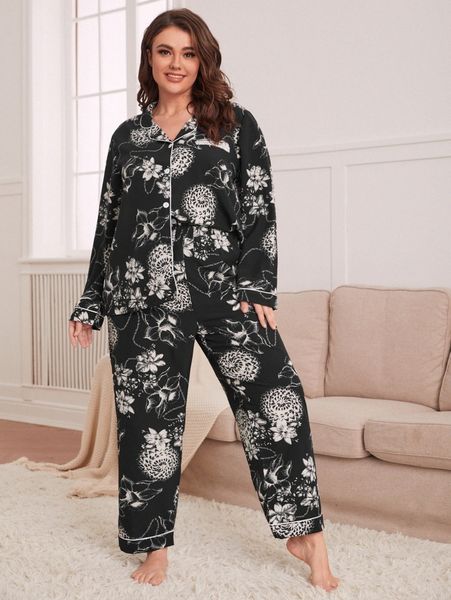 

plus floral print contrast piping blouse & pants pj set c36n#, Black;white