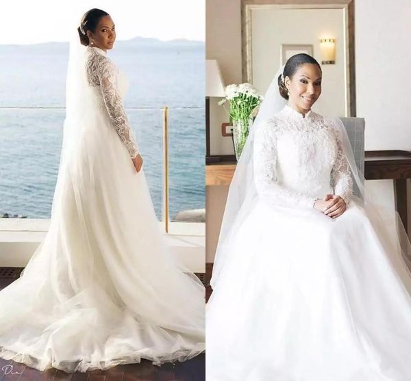 

2021 high neck wedding dresses long sleeves sweep train tulle lace applique custom made beach wedding bridal gown vestido de novia, White
