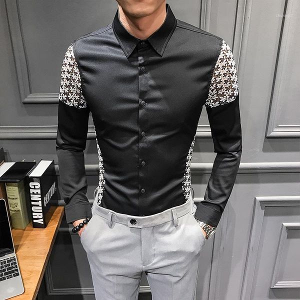 

men shirt hollow lace patchwork camisas hombre manga larga night club slim fit shirt dress men tuxedo 3xl-m1, White;black