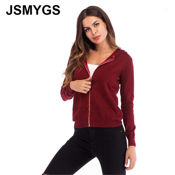 

jsmygs fashion women knitted cardigan solid color hooded zipper europe and america autumn long-sleeved slim coat female wild, White;black