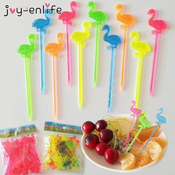 

50pcs flamingo cupcake fork plastic fruit toothpick wedding birthday tropical hawaiian luau party supplies