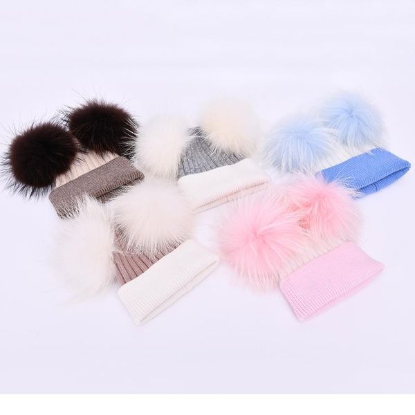 

baby winter real fur ball beanie hat warm cute fashion fluffy real white big raccoon fur pom poms kids knit jllshd