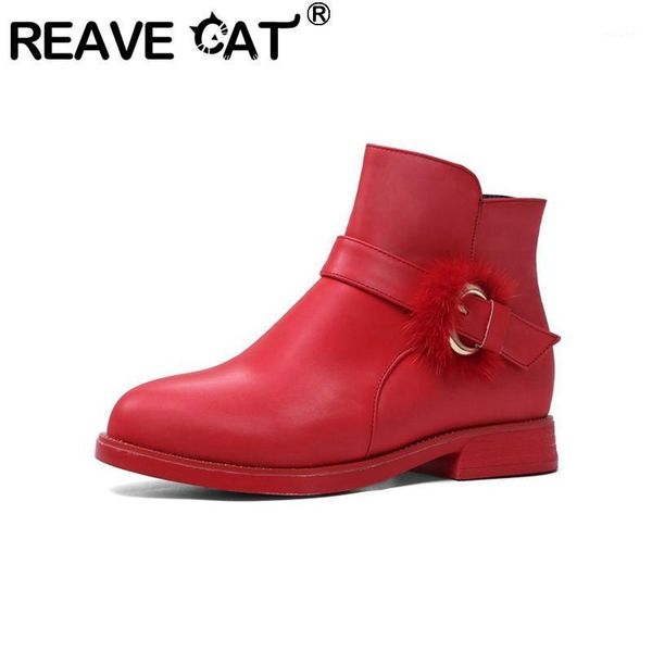 

boots reave cat woman winter warm ankle round toe square heel belt buckle fur paltforms big size 26-39 casual party a27721, Black