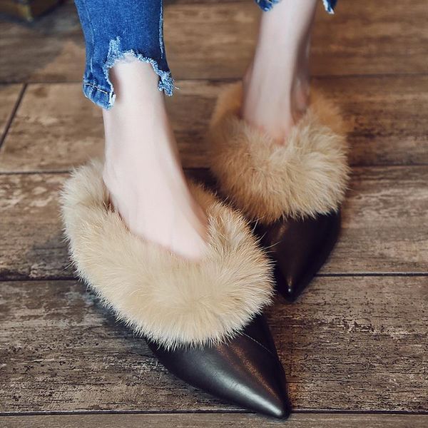 

womens pointy toe real fur mules genuine leather slippers slides warm winter low heel shoes new 2020 black