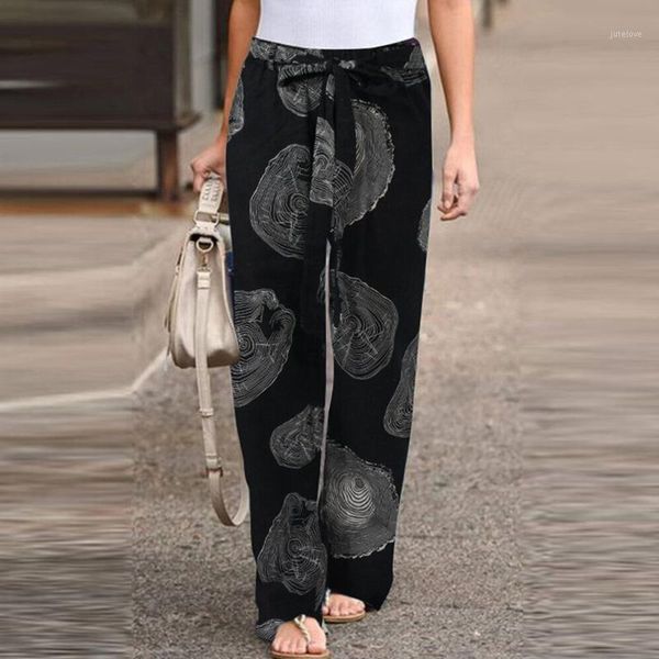 

2020 new wide leg pants women casual loose long pants femlae elastic waist printed sport trousers se61, Black;white