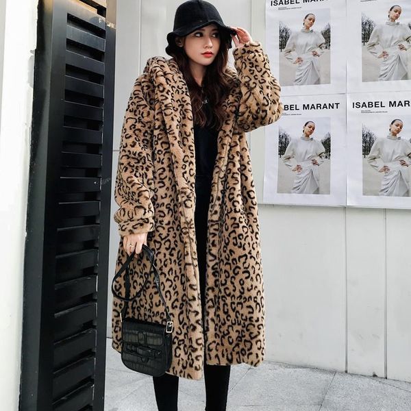 

winter new fur coat women leopard hooded long over the knee coat imitation loose jacket lady leisure leopard print1, Black