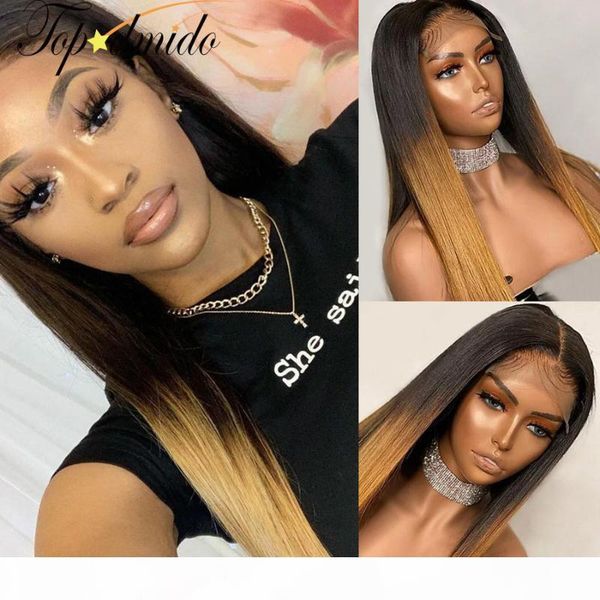 

dmido straight hair lace front wigs remy hair ombre honey blonde color brazilian straight human wig for women, Black;brown