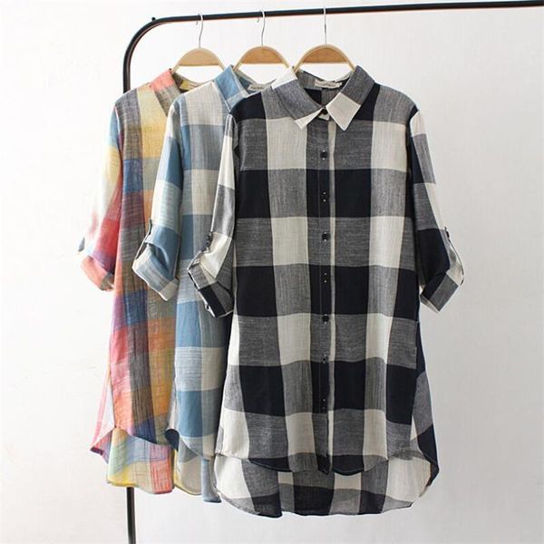 

women's blouses & shirts plus size xlxxl 3xl women cotton and linen long sleeve casual plaid blouse shirt 2021 spring autumn summer, White