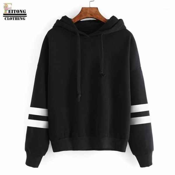 

wholesale- feitong women solid 5 colors draw string stripe long sleeve hooded sweatshirt cotton contrast brief hoodies sweat femme#221, Black