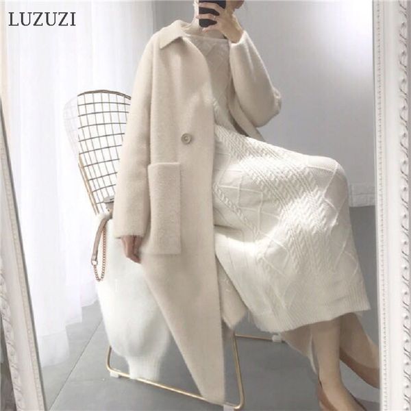 LUZUZI 2020 neue herbst winter wolle mantel frauen elegante vintage samt mischung lose dicke lange schlanke strickjacke kaschmir mantel weibliche LJ201110