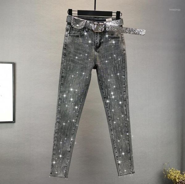 

jeans women 2020 spring new fashion heavy industry drilling elastic high waist was thin feet pencil pants plus size q5291, Blue