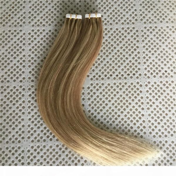 

lummy pu skin weft tape in hair extensions piano color #18 #613 14"-26" 100g 40pcs remy human hair extensions, Black