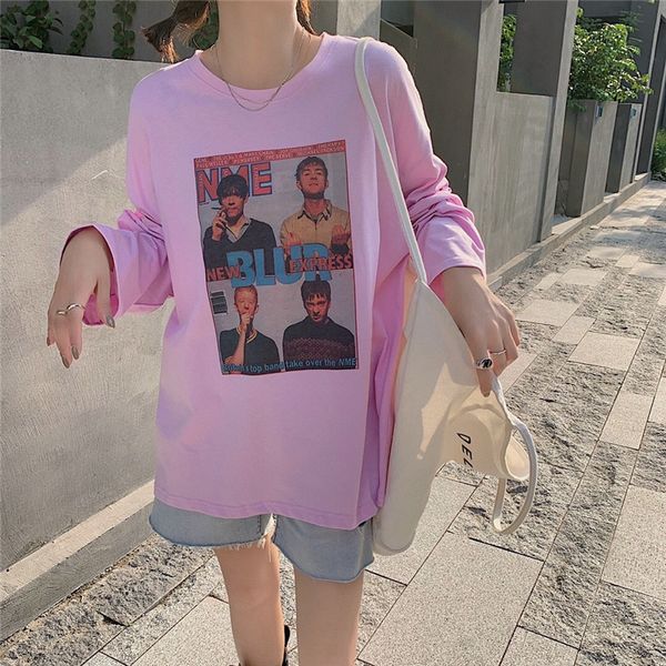 

korean autumn new trend block p printing loose and thin bf style long sleeve t-shirt t-shirt 9qtnp, White