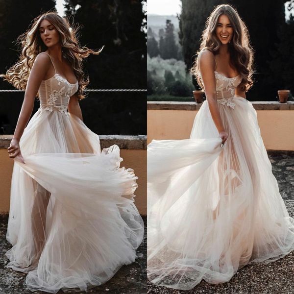 

2020 new boho свадебные платья спагетти ремни из тюль свадебные платья плюс размер кружева applique vestido de novia, White