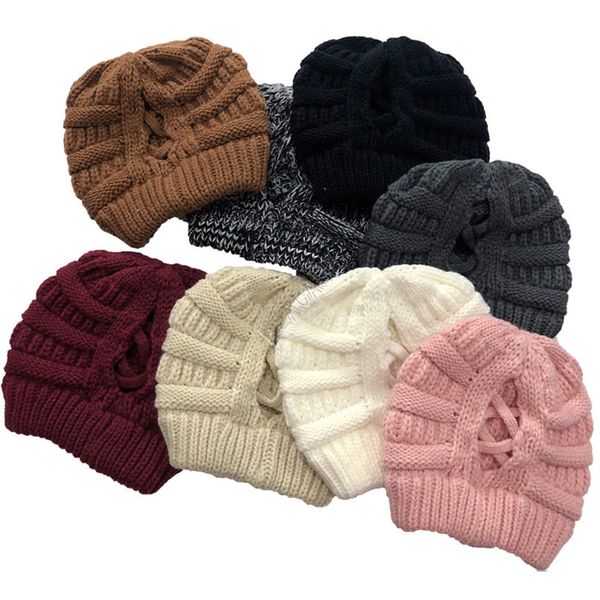 

fashion solid color cross ponytail knitted beanies women winter warm hats outdoor soft elastic cap bonnet woolen hats 8 colors d102705, Yellow