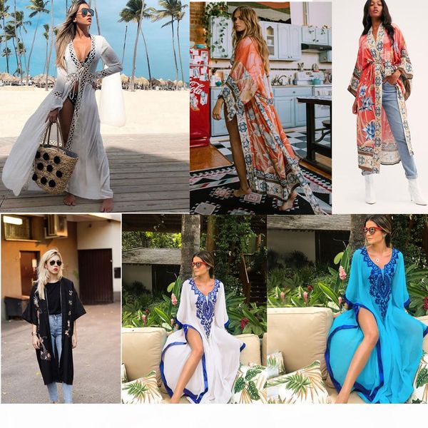 

bohemian print cover-ups summer beach dress cotton tunic women beachwear swimsuit cover up long cardigan blouses bikini wrap sarongs, White;black