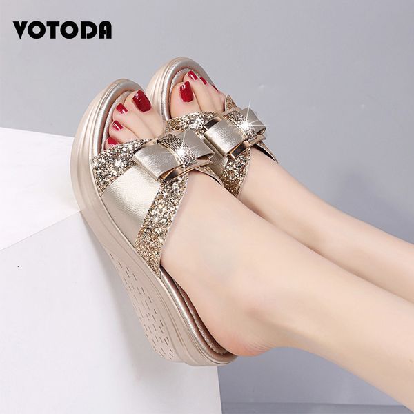 

summer women platform shoes bling wedges slippers bow sequins flip flops pu leather sandals shoes female casual flat shoes woman x1020, Black