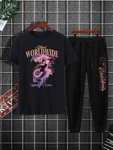 

men crane & letter graphic tee & drawstring waist sweatpants w80z#, Gray