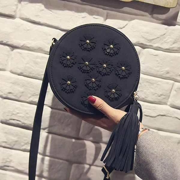 

women small flower tassel shoulder bag pu leather round bag crossody bags sale-wt
