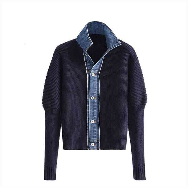 

[ewq] autumn women loose single breasted versatile long sleeve patchwork denim knitted cardigan sweater 8q739, White;black