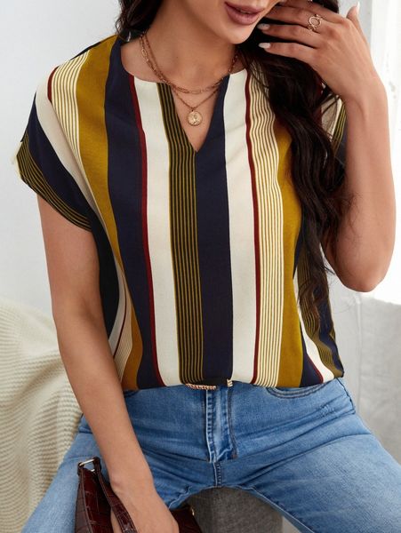 

striped notch neck blouse d0jt#, White