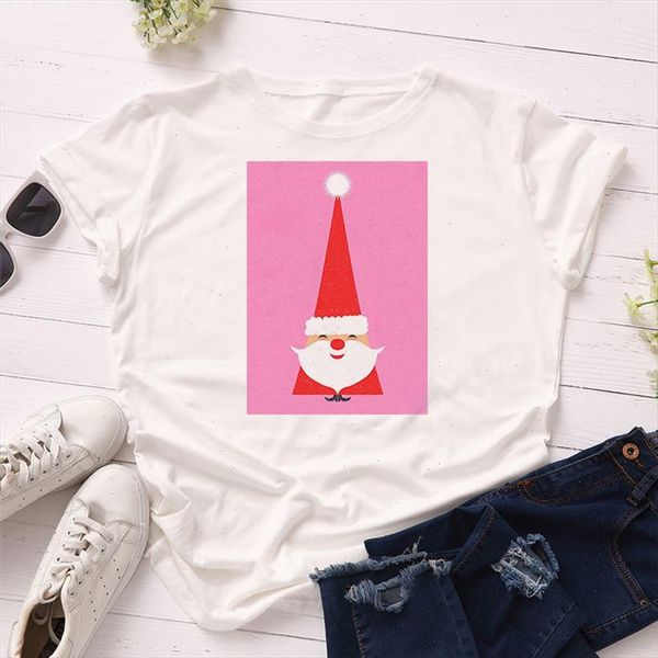 

graphic tees for women all seasons short sleeve harajuku christmas tshirts cartoon santa print t shirt ladies, White