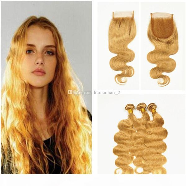

8a grade brazilian honey blonde body wave hair weaves with lace closure 27 strawberry blonde human hair bundles with part closure, Black;brown