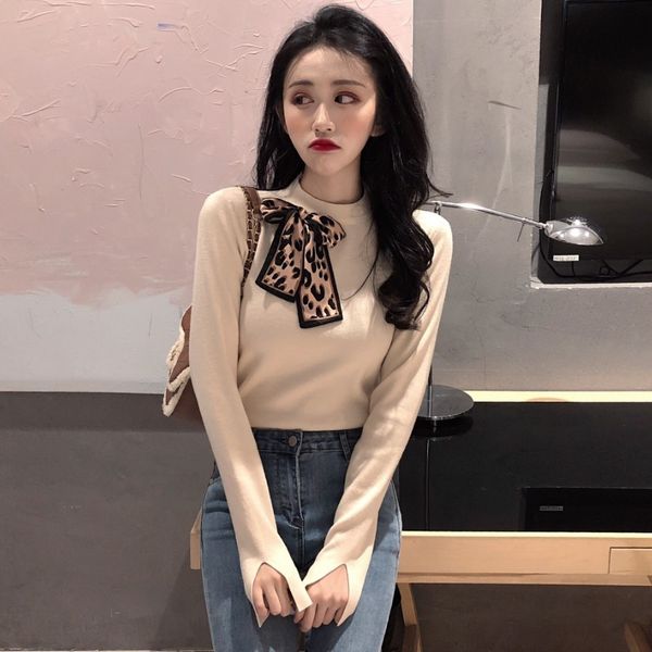 

autumn 2020 new bow half high crew neck pullover knitwear slim fit long sleeve bottoming shirt for women