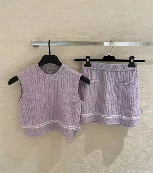 Vestido de duas peças de alta qualidade conjunto de colete de malha cor doce sem mangas conjunto de terno saia