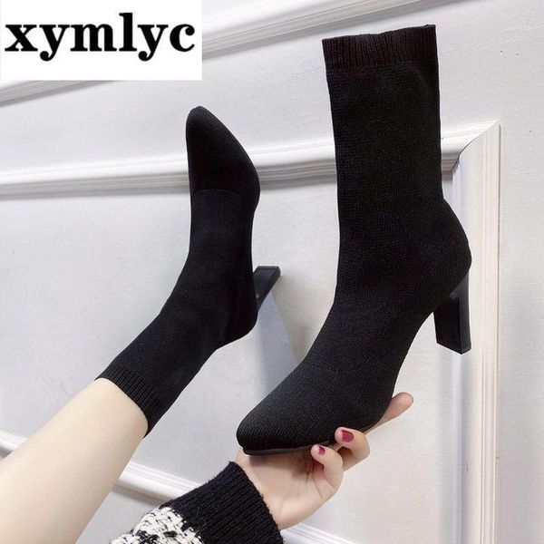 

high square heels elastic boots spring autumn women pointy toe sock shoes sequined with pleuche pumps boots for women1, Black