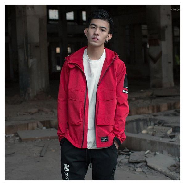 

street trend jacket stormsuit men's spring and autumn thin fashion brand hooded work clothes red windbreaker jacket1, Black;brown