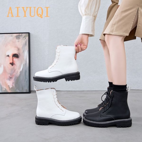 

aiyuqi boots female 2020 genuine leather women booties lace up white winter women shoes non-slip girl martin boots c1011, Black;white