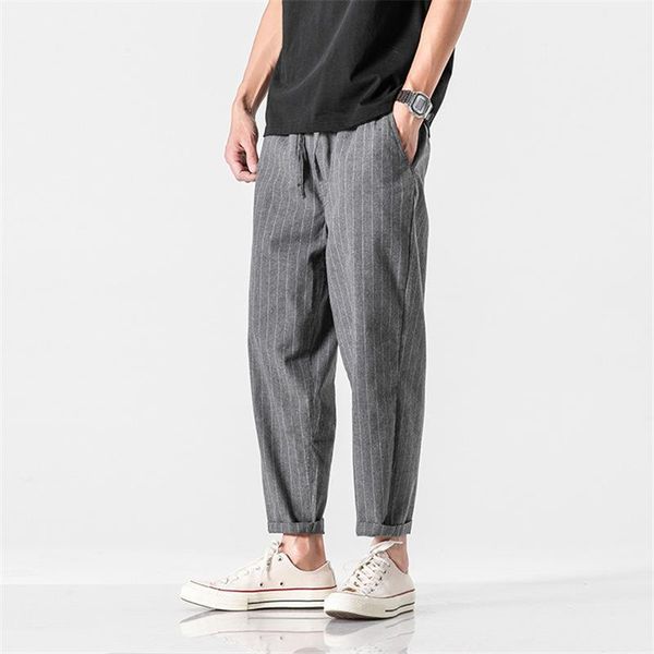

ewq / men's wear striped ankel length pants male 2020 summer new casual fashion loose all-match cotton linen toursers 9y24101, Black
