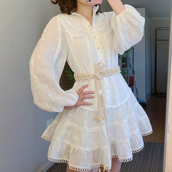 

zawfl 2020 new tide lace up women's dress lantern long sleeve stand collar single breasted high wais vintage mini dresses female c1024, Black;pink