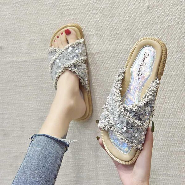 

slippers women 2021 summer korean fashion cross sequins fisherman shoes women's wild flat sandals1, Black