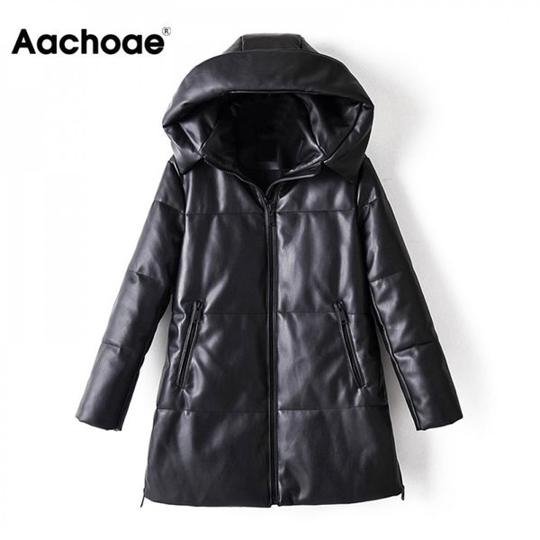 

aachoae winter casual faux leather black coat women long sleeve thick warm jacket lady pu leather midi long hooded 201226