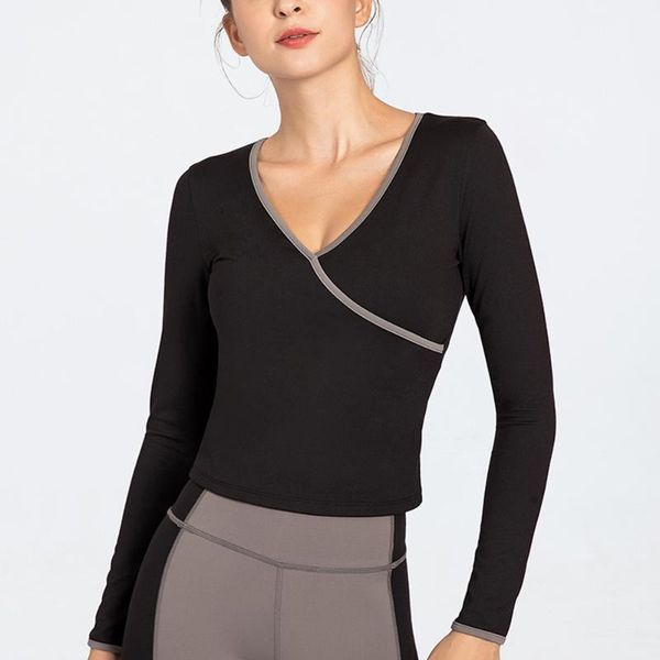 

outdoor t-shirts 2021 summer women slim t-shirt black pink long sleeve t shirt cross v-neck crop top, Gray;blue