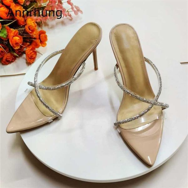 

crystal rhinestone cross narrow band slippers stiletto heel pointed toe transparent pvc summer runway shoes woman1, Black