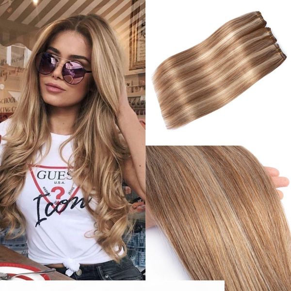 

piano color human hair extensions #27 mixed with #613 virgin brazilian hair weft slik straight highlights hair weave 100g, Black