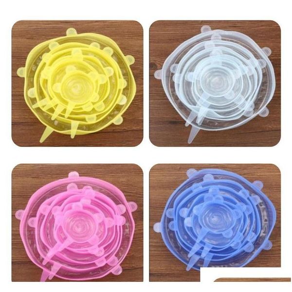 

6pcs/set sile stretch suction pot lids food grade fresh keeping wrap seal lid pan cover 4 color nice kitche qylbad lipper