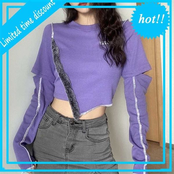 

autumn and winter 2021 new women's slim long sleeve round neck fashion stitching irregular navel t-shirt, White