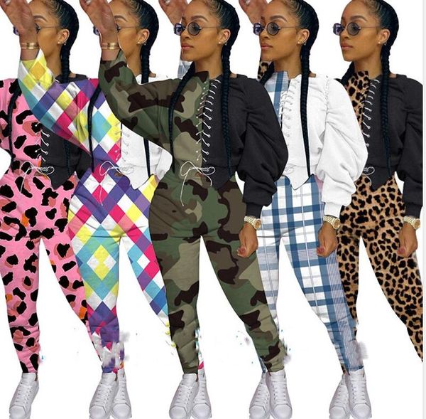 

women bodysuit tracksuit camouflage leopard two-piece strap designers crop t-shirt pullover legging pants outfit sportwear 5color e92904, White