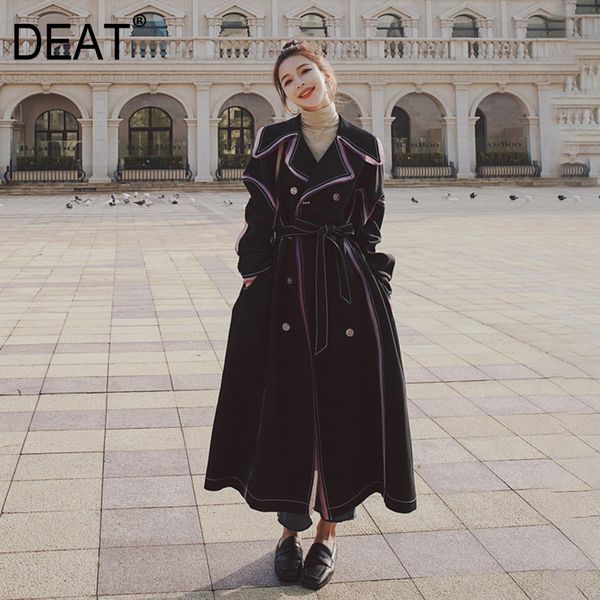 

deat] 2020 new autumn fashion women trench coat purple striped full sleeve slim lapel collar high street long with belt tx577 1028, Tan;black