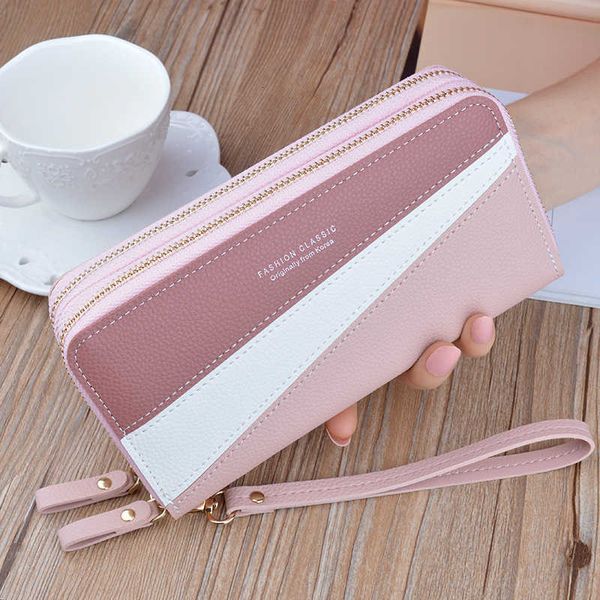 

wristband phone purses women splice female purse leather ladies long woman wallets big card holder clutch double zipper, Red;black